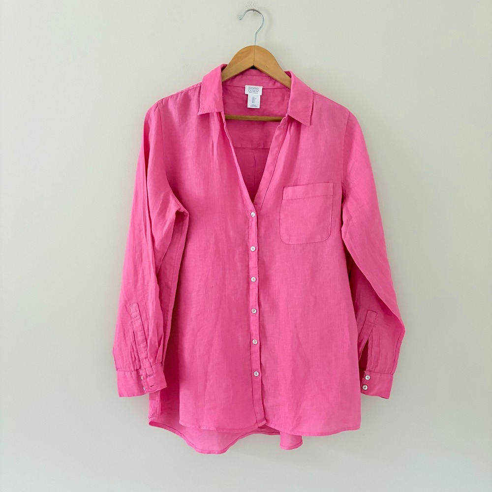 Sigrid Olsen Shirt Large Pink Linen Button Down Roll Tab Tunic Long Sleeve Top - Picture 7 of 8